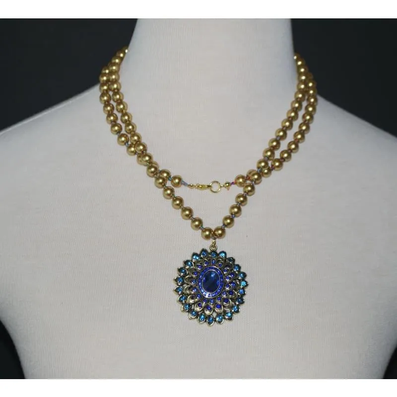 Yellow Glass Beads with Blue Pendants  Necklace